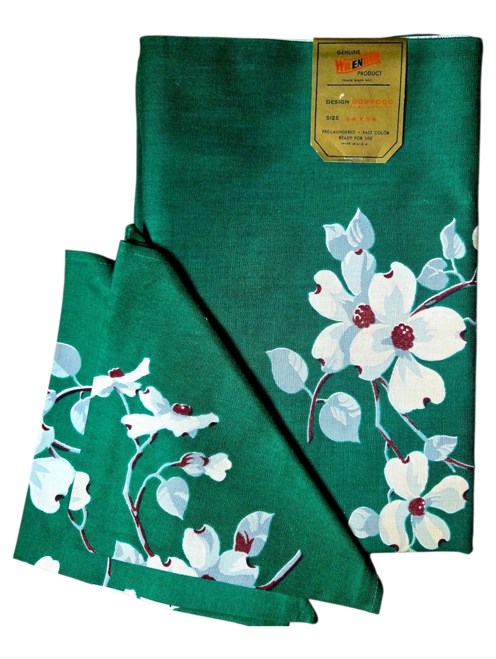 Vtg WILENDUR Tablecloth/Napkins DOGWOOD PAPER LABEL NOS 54X 54" Square USA Green